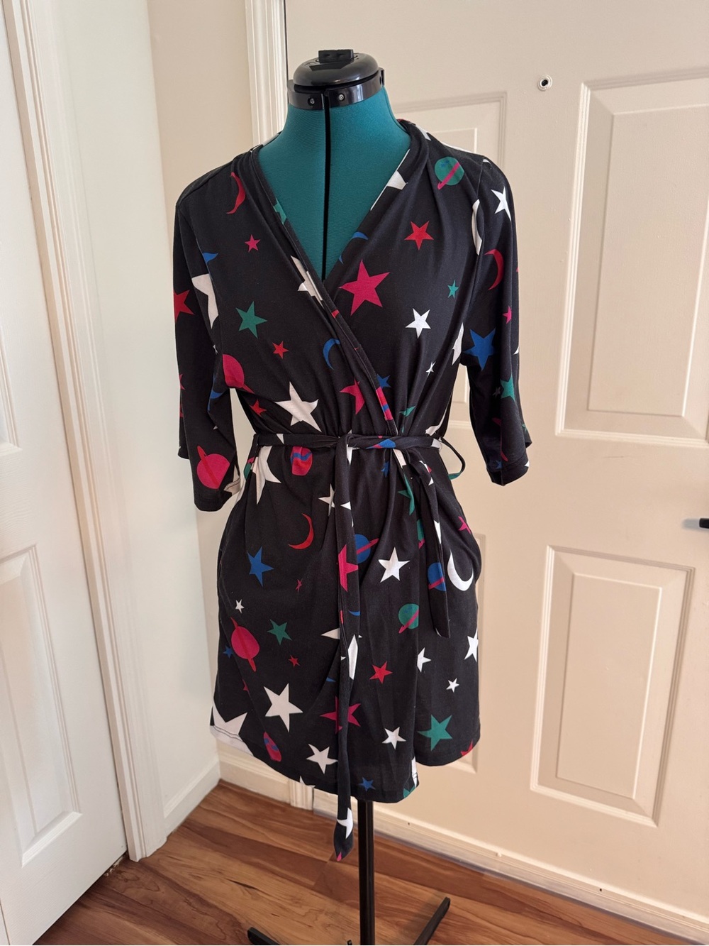 Black Star & Planet Wrap Robe with Multicolor Print